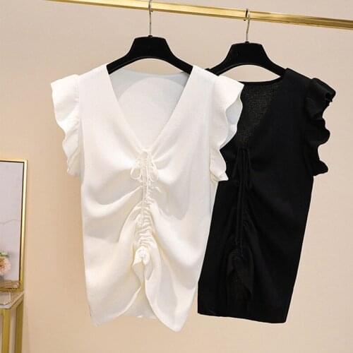 Plus size chic casual Summer Basic v-neck Sweater pullovers Women 2021 loose Knit Pullover female Short Sleeve black Sweater