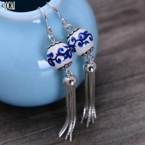 New real s925 sterling silver jewelry blue and white porcelain earrings for women vintage silver ethnic woman tassel earrings