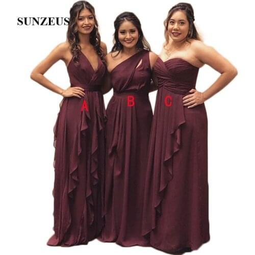 Chiffon A-Line Bridesmaid Dresses V Neck /One Shoulder /Strapless Three Different Design Maid of Honor Dresses Ruffles SBD97