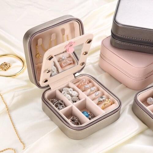 Small Square Shaped Jewelry Box Earrings Rings Organizer with Mirror Travel Portable PU Leather Necklace Multi-function Storage