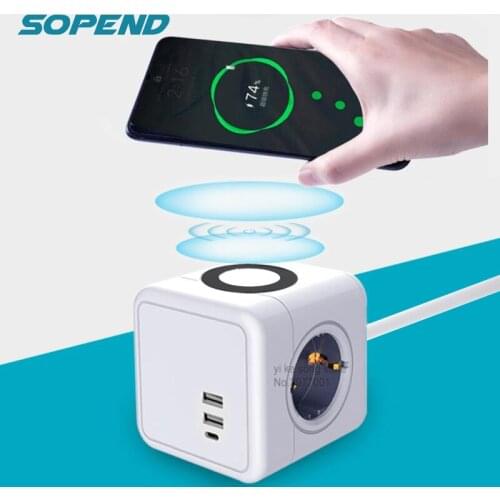 Sopend Usb Power Strip 1.5m Extension Cord EU Plug Desktop Socket with 15W Wireless Charger Dock Station Type C Ports for IPhone