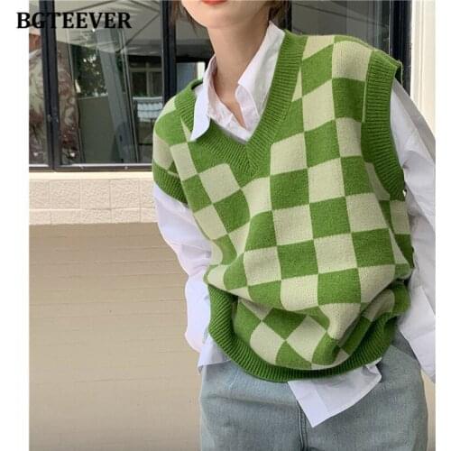 BGTEEVER Stylish Chic V-neck Plaid Women Sweaters Casual Sleeveless Loose Female Knitted Jumpers 2021 Autumn Winter Women Vest