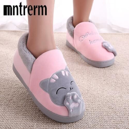Mntrerm Women Winter Warm Home Slippers Cartoon Lucky Cat Non-slip Home Shoes Pink Indoor Floor Bedroom Lovers Plush House Shoes