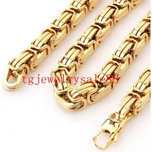 Top Gold 12/15mm Wide Byzantine Box Chain Strong Men Stainless Steel Bracelet/Necklace Jewelry 7-40inch Custom Size