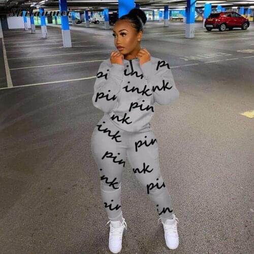 New Spring Tracksuits Suits Sport 2 Piece Set Women Pink Letter Print Casual Outfits Zipper Sweatshirt Top+Pants Sweat Suit 2021