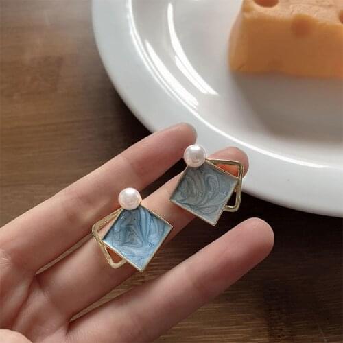 2021 New Square Blue Enamel Korean Non Pierced Clip on Earrings for Elegant Women Simple Female Ear Clips Jewelry