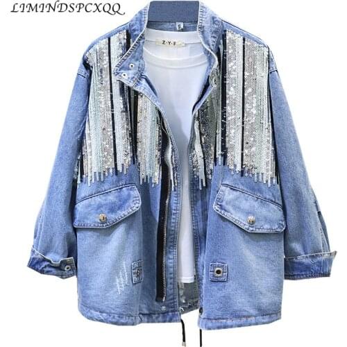 2020 New Sequins Denim Jacket Women Bomber Jacket Fashion Long Sleeves Coats Vintage Hippie Jeans Jacket Colete Ropa De Mujer