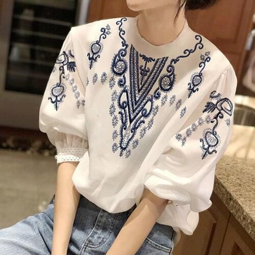 Blouse Puff Sleeve Round Neck Floral Pattern Plain Ladies Fashion Simple Five-quarter Sleeve Shirt Print Pullover Women Thin