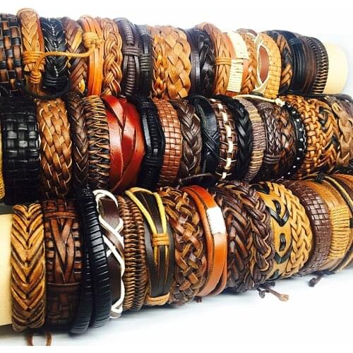 Wholesale lots bulk 10pcs real Genuine leather bracelets mix black brown men women retro vintage handmade cuff surfer Jewelry
