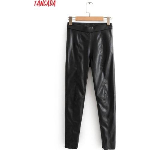 Tangada Women Black Skinny PU Leather Pants Stretch Zipper Female 2021 Autumn Winter Pencil Pants Trousers XE01