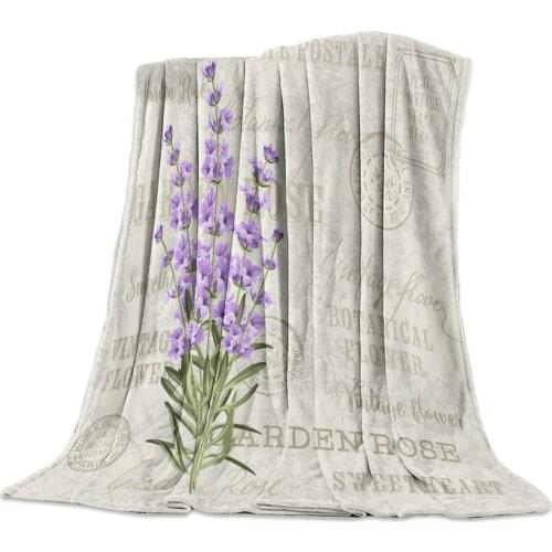 Lavender Flowers Purple Leaves English Word Flannel Blanket for Bed Sofa Portable Soft Fleece Throw Funny Plush Bedspreads