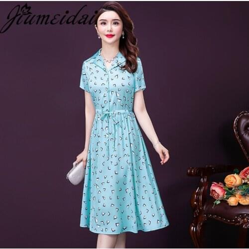 JiuMeiDai 2021 Women Summer Elegant Dress Office Lady Print Party Robe Femme Vintage A-Line Designer Casual Clothing Plus Size