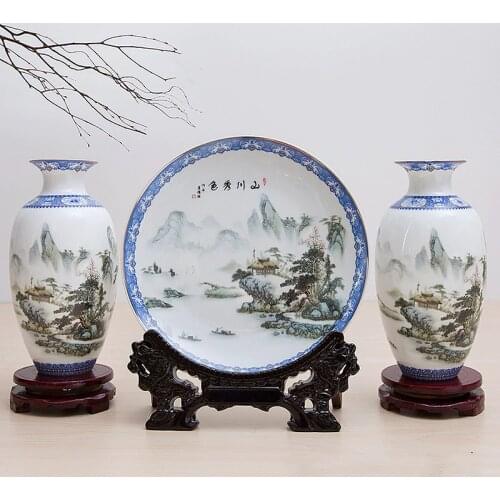 Jingdezhen Ceramics Vase Landscape Three-piece Set of Vase Hanging Plate Home Decoration Living Room Crafts