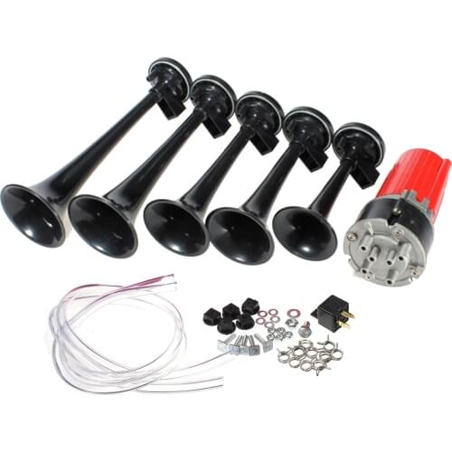 12V Car Air Horn 125db Black 5 Pcs Trumpet Musical Dixie Car Duke of Hazzard Compressor