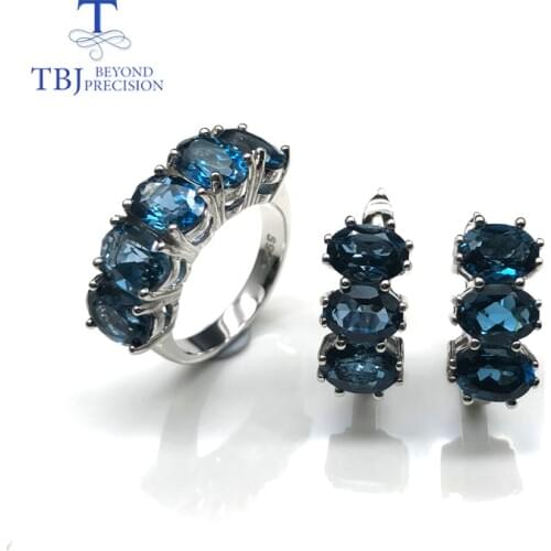Natural london blue topaz gemstone jewelry set simple classic rings and earrings 925 sterling sliver for women gift