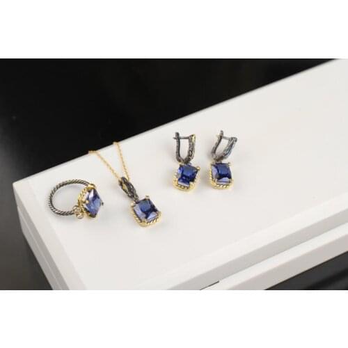 Tanzanite Silver Jewelry Set, Woman Silver Tanzanite Ring + Necklace + Earrings, Handmade Woman Silver Tanzanite