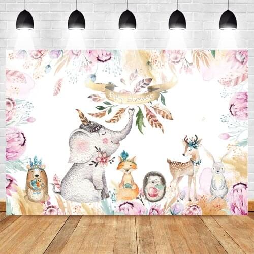 Mehofoto Elephant Theme Baby Shower Photography Backdrops Animal Forest Pink Floral Background Party Banner Photo Booth Backdrop