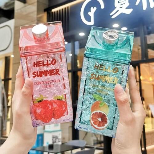 Milk Carton Water Bottle with Straw Adult Creative Lid Leakproof Double Wall Outdoor Sport Travel Plastic Cup for Kids Cute Gift