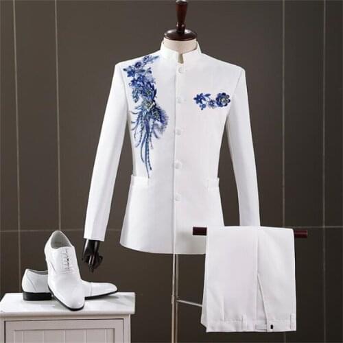Mens Chinese tunic suit diamond-studded three-dimensional flower white cantata performance costume host embroidery stand collar