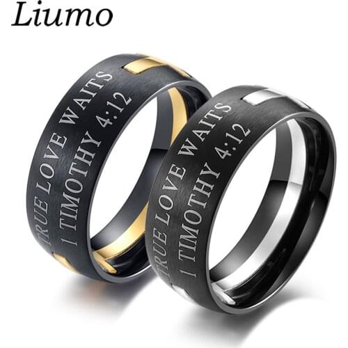 Liumo Vintage True Love Waits Bible Cross Black Gold Color Separable Remove Design Women Men Stainless Steel Ring Lr496