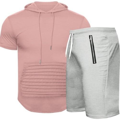 2021 Shorts And Tops Set Men Sportwear Summer Solid Colour Hooded Casual Sports Short Sleeves And Shorts Set Running Fitness