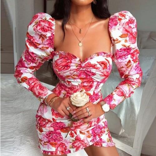 Women Floral Pencil Dress Elegant Lady Puff Shoulder Square Collar Dress New Fashion Female Strapless Flowers Mini Dress