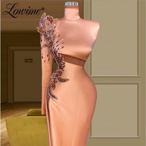 Lowime Vestidos Beaded Crystals Satin Elegant Evening Gown One Shoulder Long Sleeve Dubai Middle East Party Dresses Evening Wear