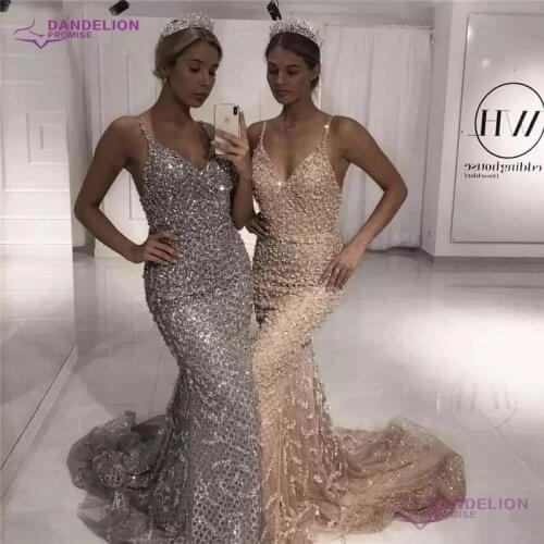 Luxury V-Neck Evening Dresses for Women 2020 Sleeveless Handmade Diamond Beading Mermaid Tulle Formal Party Gowns