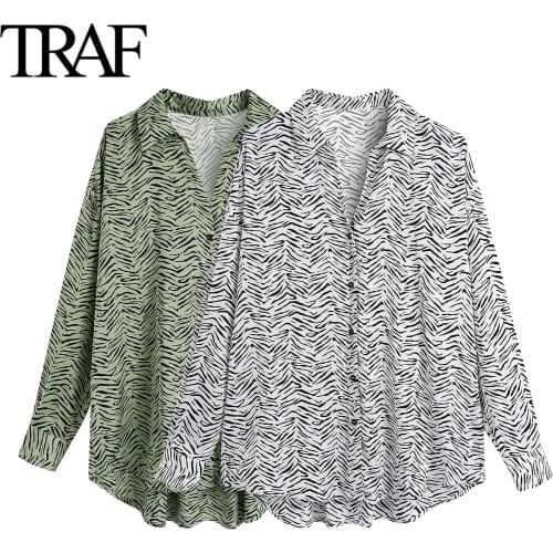 Traf Za Women Clothing Fall 2021 Fashion Animal Print Long Sleeve Blouses Plus Size Button Shirt Chic Office Ladies Tops
