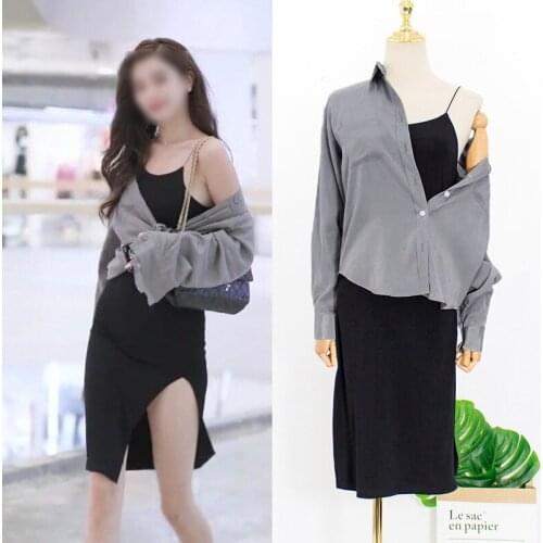 Kpop Korean Celebrity Temperament Long-sleeve Single-breasted Shirt Tops + Black Sexy Sling Split Dress Two Piece Outfits Women