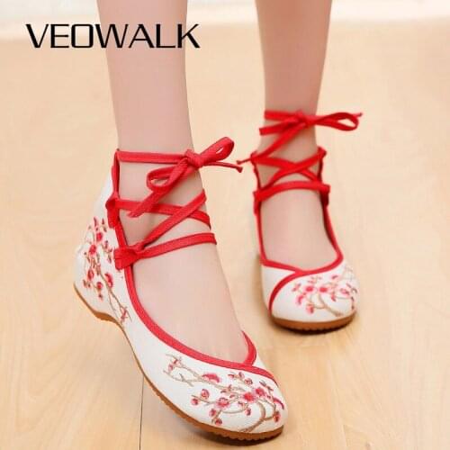 Veowalk Ankle Strap Women Cotton Fabric Embroidered Ballet Flats Vintage Ladies Casual Soft Comfortable Ballerinas Shoes