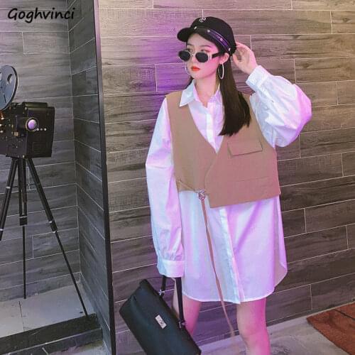 Women Sets 2 Piece Solid Turn-down Collar Lantern Sleeve Loose Casual Shirts Pocket Design Vest Spring Korean Style Female Chic