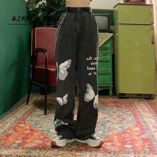 Vintage Jeans 2021 Fashion Y2k Aesthetic Print Woman Jeans Loose Streetwear Casual High Waist Wide Leg Pants Women