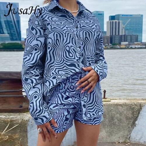 JuSaHy Y2K Autumn Aesthetic Print Two Pieces Sets for Women Fashion Long Sleeves Single Breasted Crop Top And Elastic Shorts Hot
