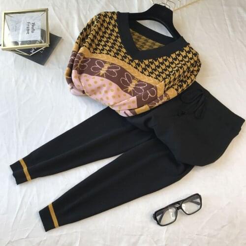 Amolapha Women Vintage V Neck Plaid Knitting Pullover Sweaters+Pencil Pant Sets Casual Trousers Suit
