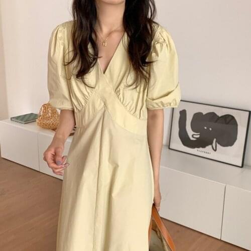 2021 New Women Summer Elegant V Neck Long Dress Puff Sleeve Slim Waist A-line Pullover Maxi Sundress Solid Color