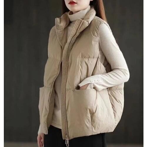 2021 Women Autumn Winter Coat White Duck Down Vest Jacket Stand Collar Casual Female Vest Parkas Zipper Ladies Solid Waistcoat