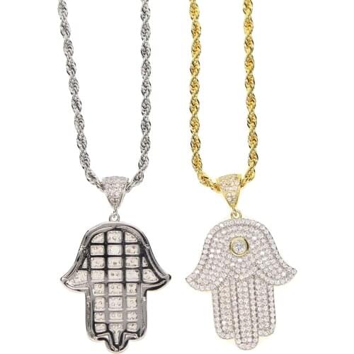 2019 wholesale iced out sparking bling punk hip hop women men collar pendant necklace hamsa hand pendants