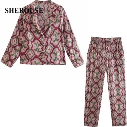 2021 Two Piece Set Women Printed Loose Shirt and Trousers Oversized Blouse Trousers Woman Pajama style Pants Sets Outfits