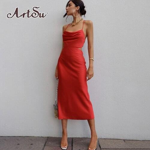 Artsu Fashion Straps Draped Midi Dress Women Sleeveless Dresses Elegant Summer Bandage Lace Up Gown Outfits Clothes