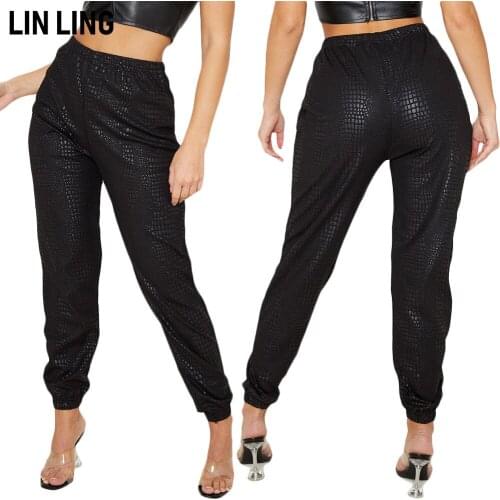 LINLING Spring PU Leather Pants Black High Waist Wear Pencil Bottoms Women Fashion Slim Long Pants