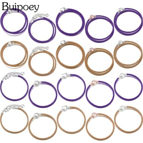Buipoey 5 Styles Vintage Yellow & Purple Leather Bracelets Fit Brand Charm Original Braided Leather Bracelet Jewelry Accessory