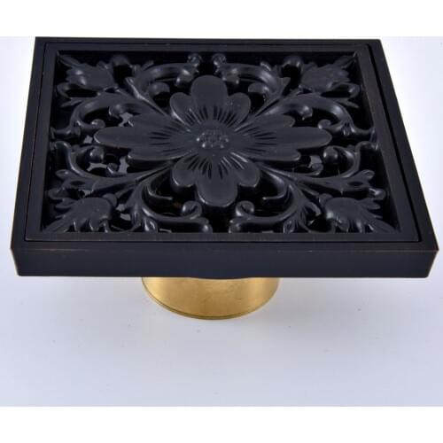 Black Oil Rubbed Bronze Carved Flower Pattern Bathroom Shower Drain 4" Square Floor Drain Waste Grates ahr066
