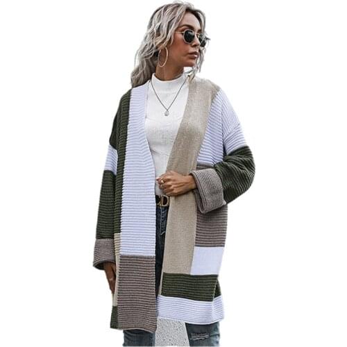Long Knitted Coat Women Warm Fashion Casual Patchwork Sweater Cardigan Elegant Lady Long-Sleeve V Neck Knitwear
