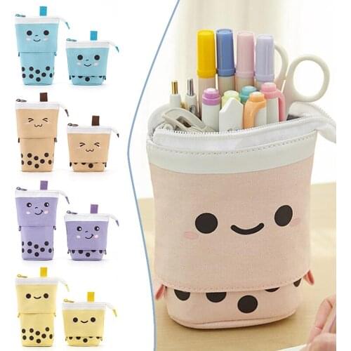 Creative Retractable Milk Tea Stand Up Pencil Case School Stationery Storage Bag Large Capacity Cute Pen Holder Kid Gift Pen Bag