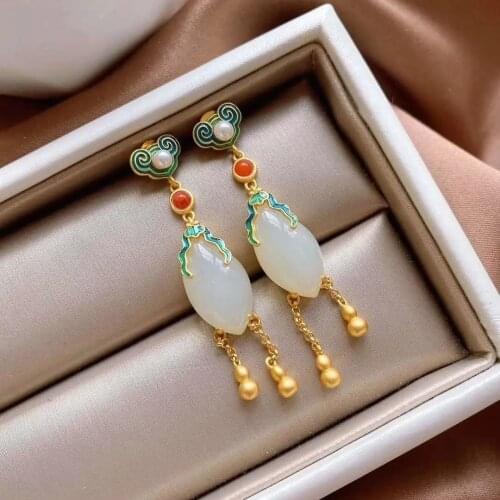 Natural Hetian Jade Blue Pearl Stud Earrings S925 Sterling Silver Classical and Ethnic Style Vintage Earrings Court Ear Rings Wo