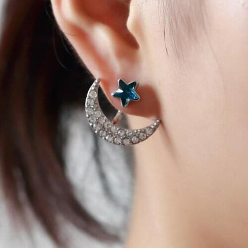 Jisensp Fashion Brincos Asymmetric Earrings for Girls Ear Accessories Cute Shiny Crystal Moon Star Stud Earrings Women Pendiente