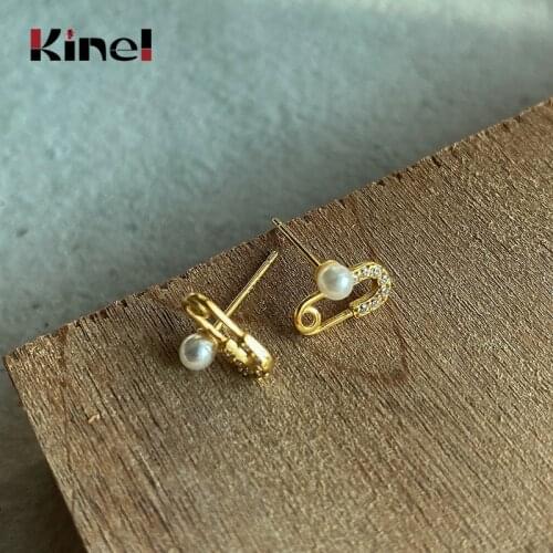 Kinel Safety Pin Studs Small Earrings for Women Gothic Fashion White Crystal CZ Korean Jewelry 925 Sterling Silver Accessories