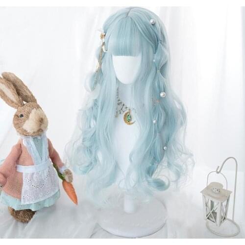 CosplayMIX 60CM Lolita Long Curly Red/Light Blue Bangs Cute Halloween Synthetic Hair Women Cosplay Wig+Cap