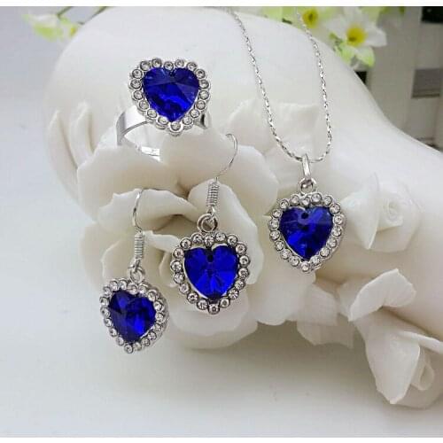 Trendy jewelry set 925 sterling silver heart treasure blue fashion jewelry necklace pendant earrings ring womens bride S0107